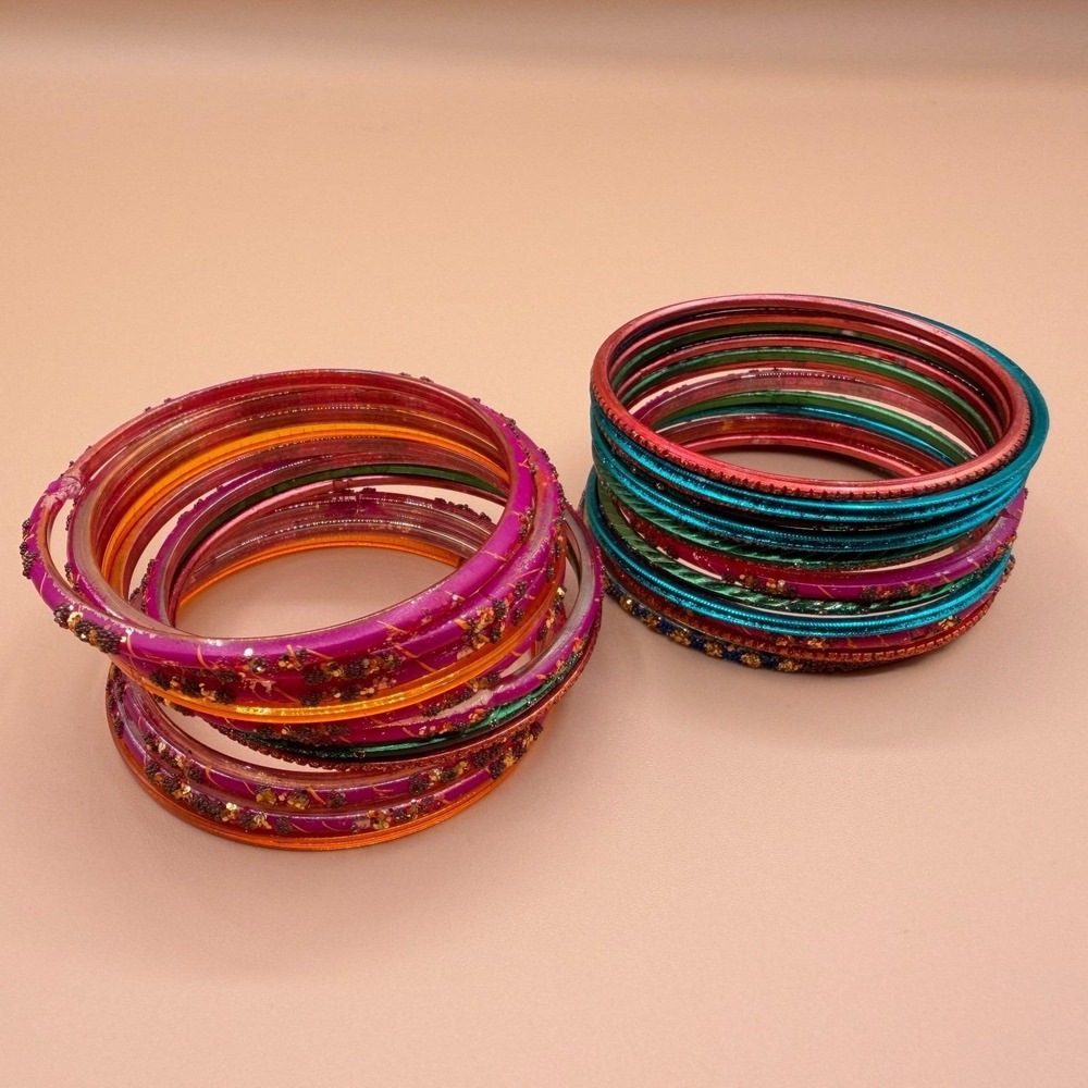 Multicolor Glitter Bangle Bracelet Lot Pink Teal Orange Boho Bollywood Festival